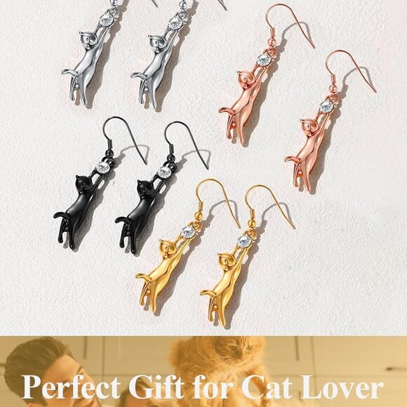 Cute Cat Ear Pendant Platinum/18K Gold Plated Drop Earrings With Rhinestone - Picture 7 of 8